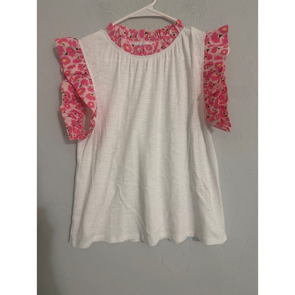 THML White Ruffle Floral Trim Cap Sleeve Knit Top S